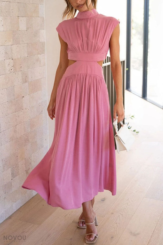 Elegant summer midi dress with roll neck and waist cut-out – Avelina-Pink-S-Nora Luxe
