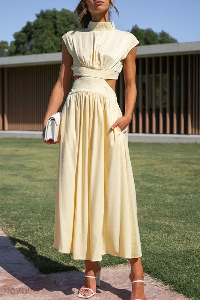 Elegant summer midi dress with roll neck and waist cut-out – Avelina-Yellow-S-Nora Luxe