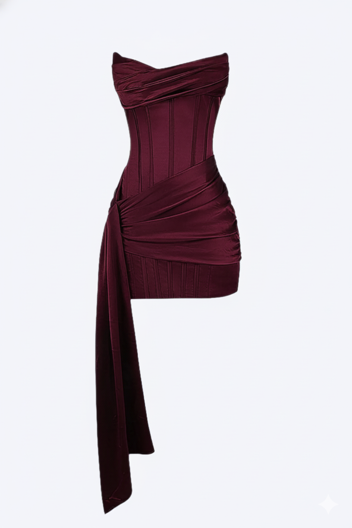 Front view of a burgundy satin mini dress with a boned corset bodice, draped waist wrap and long side sash.