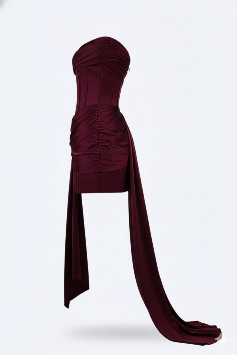 Side detail of the burgundy mini dress showing ruched hip gathers and the long sash trailing behind.