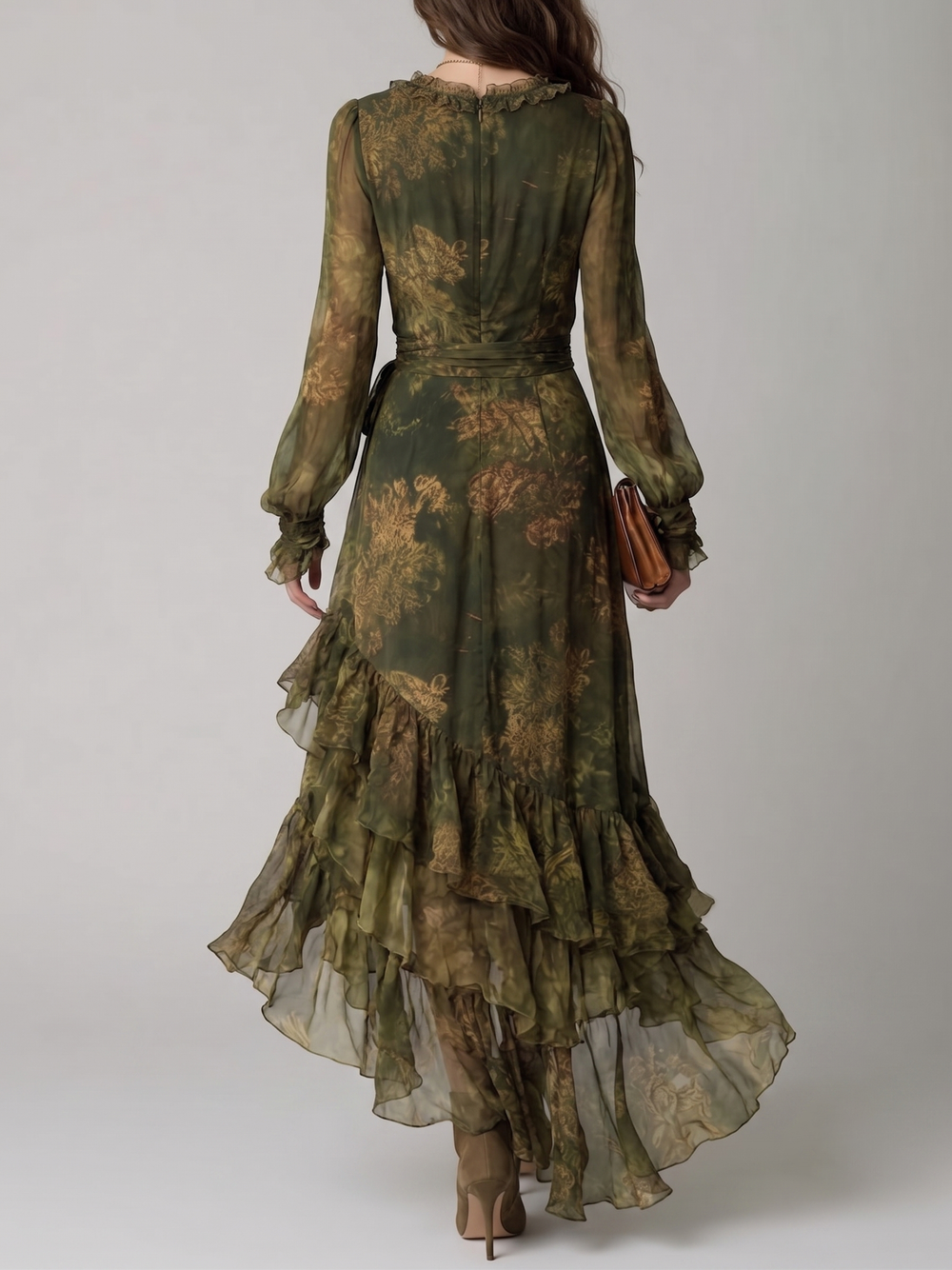 Back view of the green floral wrap maxi dress with ruffled high collar, back zipper and tied waist sash. 2