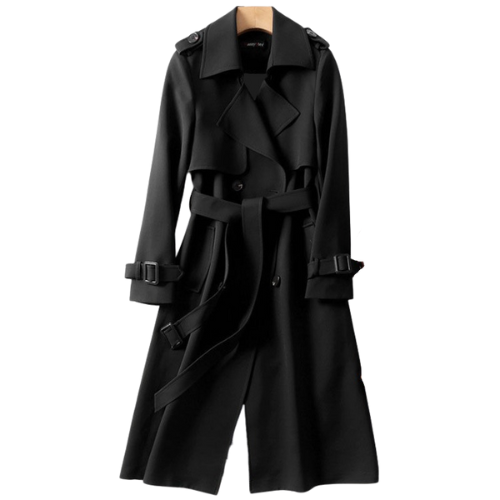 Elegant women's trench coat with double buttons – Celina-Black-S-Nora Luxe
