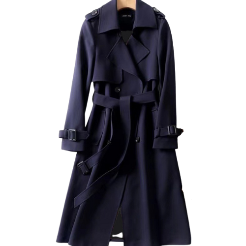 Elegant women's trench coat with double buttons – Celina-Dark blue-S-Nora Luxe