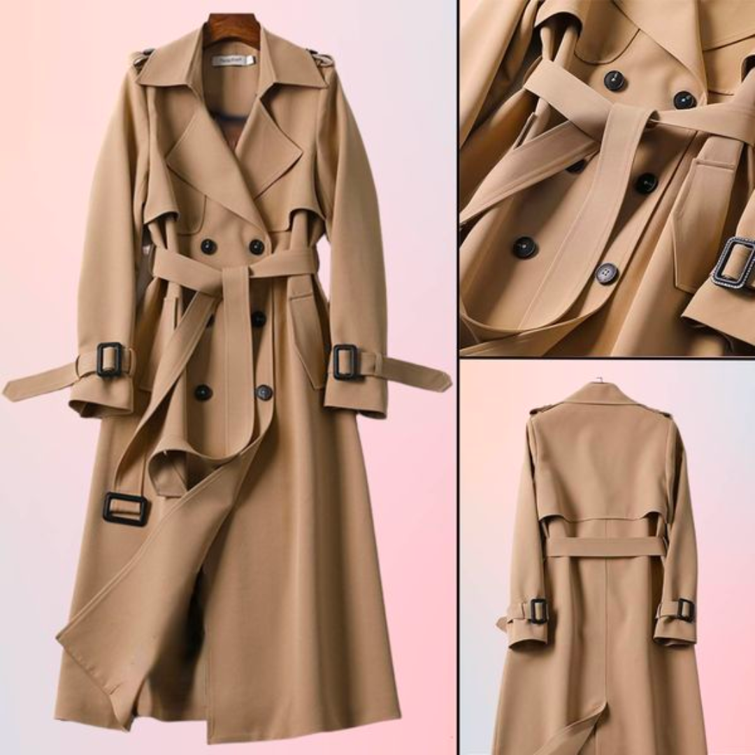 Elegant women's trench coat with double buttons – Celina-Khaki-S-Nora Luxe