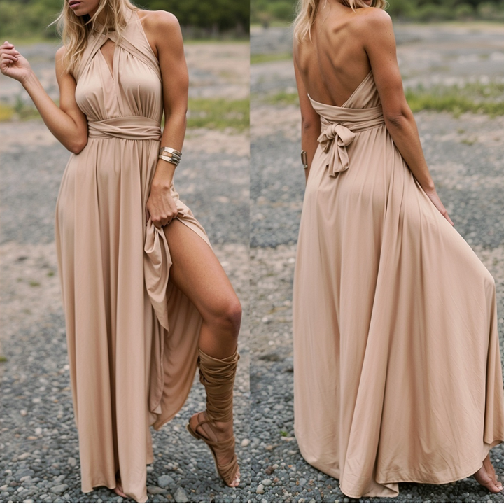 Elegant wrap maxi dress with a feminine fit – Celine-Brown-S-Nora Luxe