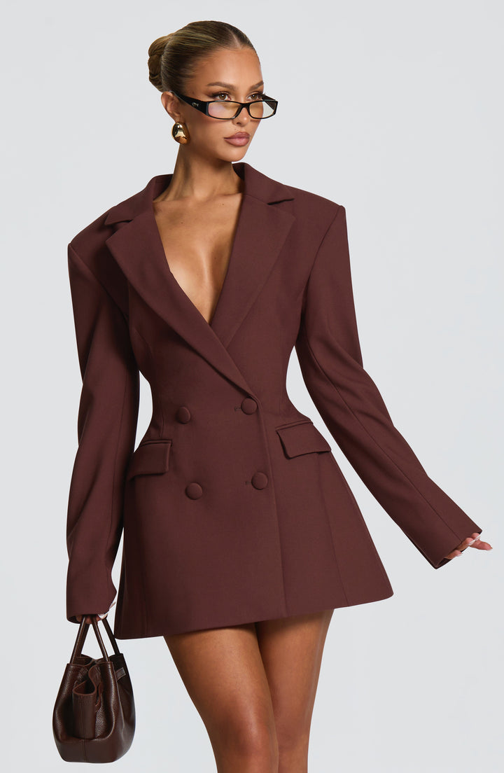 Brown double-breasted blazer mini dress, another view.