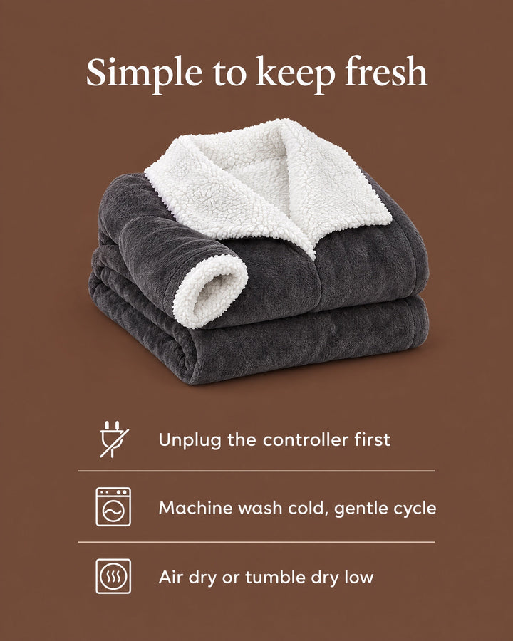 Neatly folded charcoal robe with white sherpa collar and cuff on a brown background.