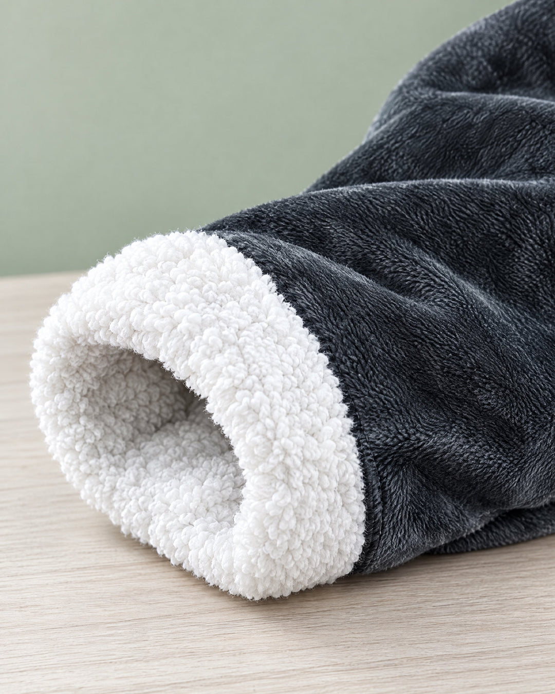 Close-up of a sleeve opening showing the thick white sherpa lining and charcoal plush outer fabric.