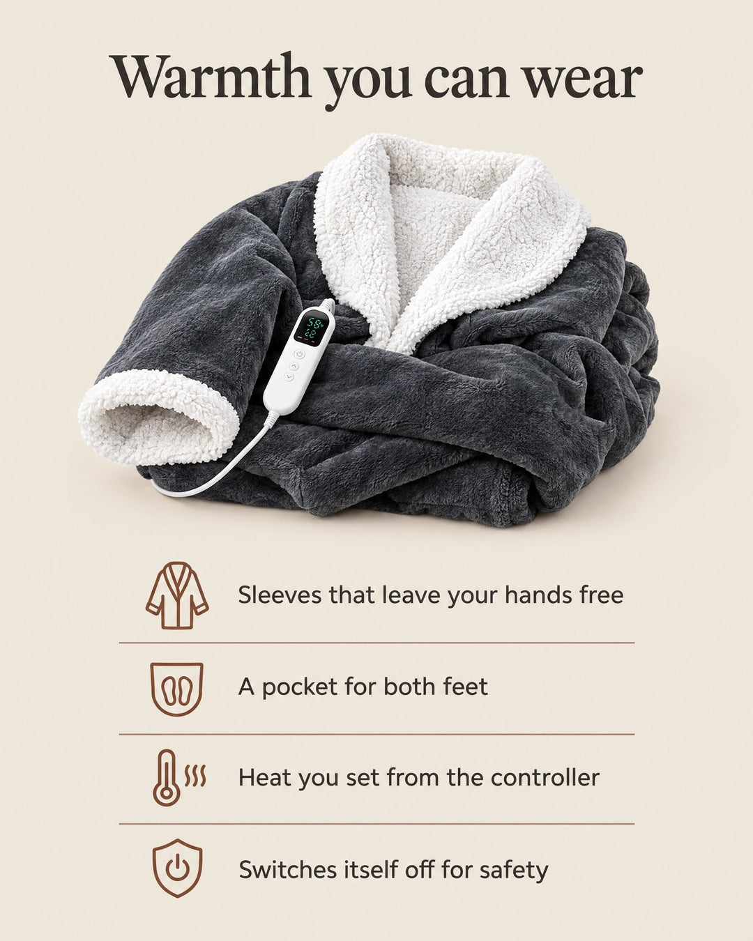 Folded charcoal robe with white sherpa collar and the controller beside it.