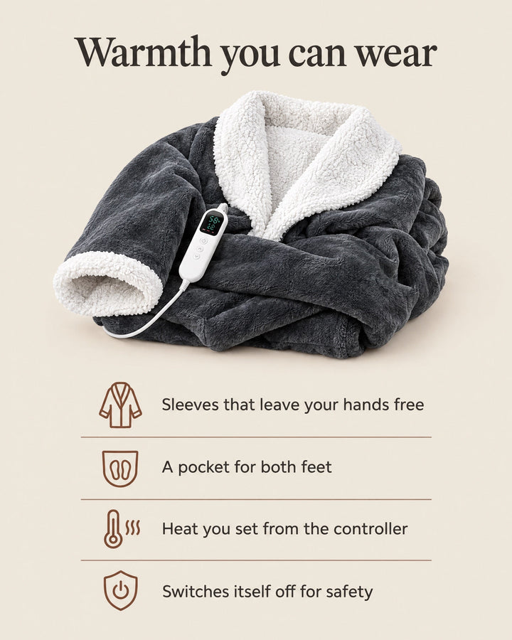 Folded charcoal robe with white sherpa collar and the controller beside it.