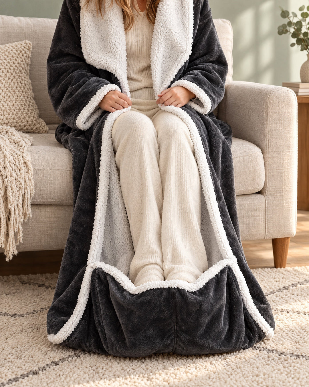 Close view of the robe's dark foot pocket with white sherpa edging.
