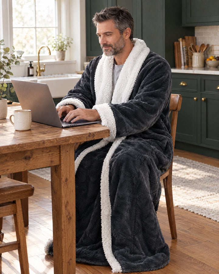 Man wearing the full-length charcoal robe with white sherpa trim and sleeves at a wooden kitchen table.