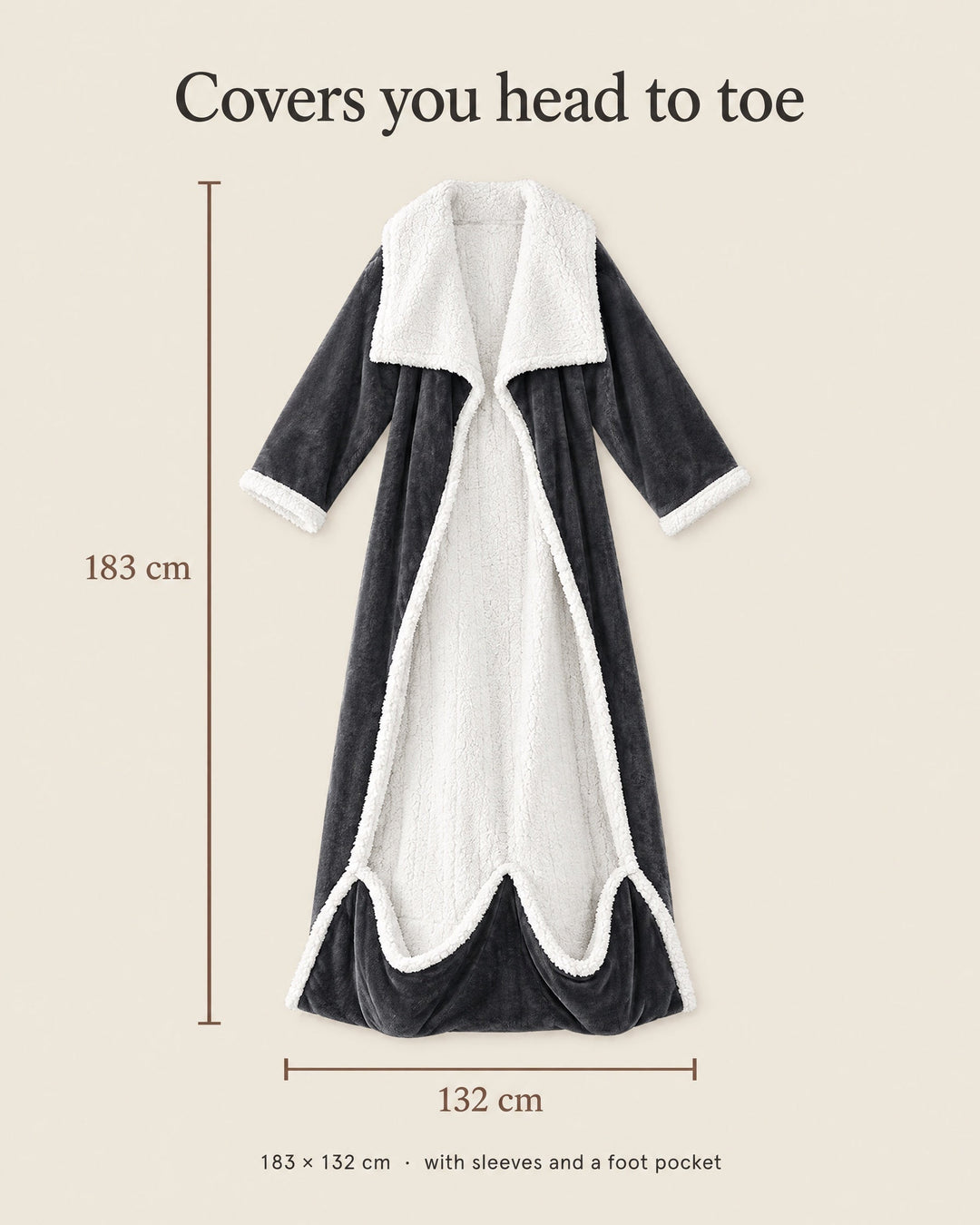 Flat view of the robe with sleeves and foot pocket, with length and width measurements in centimeters.
