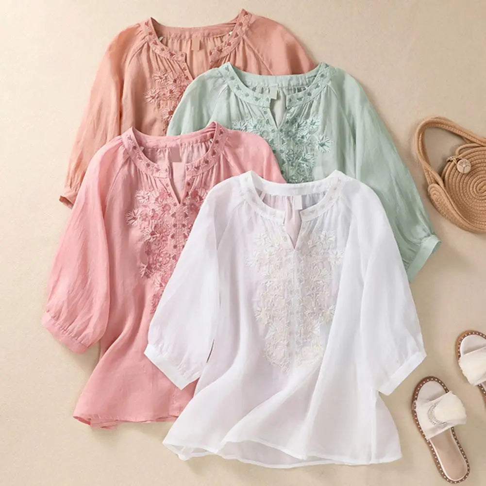 Embroidered Ladies' Cotton Summer Blouse – Ysolde-White-S-State of Style