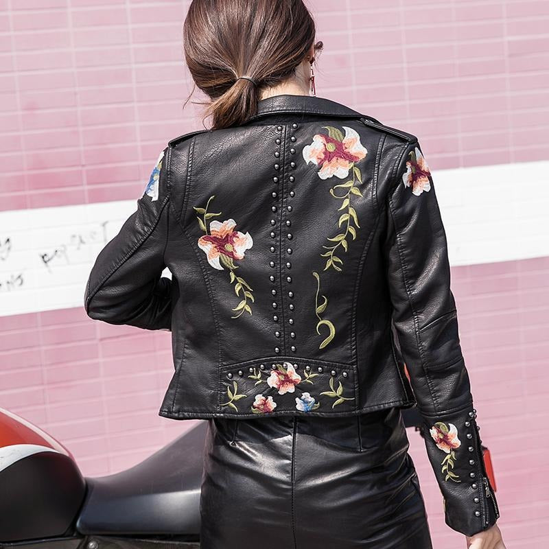 Embroidered women's faux leather biker jacket – Eleonora-Black-S-Nora Luxe