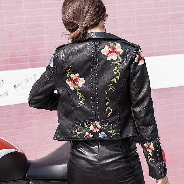 Embroidered women's faux leather biker jacket – Eleonora-Black-S-Nora Luxe