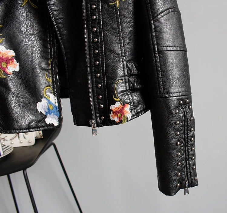 Embroidered women's faux leather biker jacket – Eleonora-Black-S-Nora Luxe