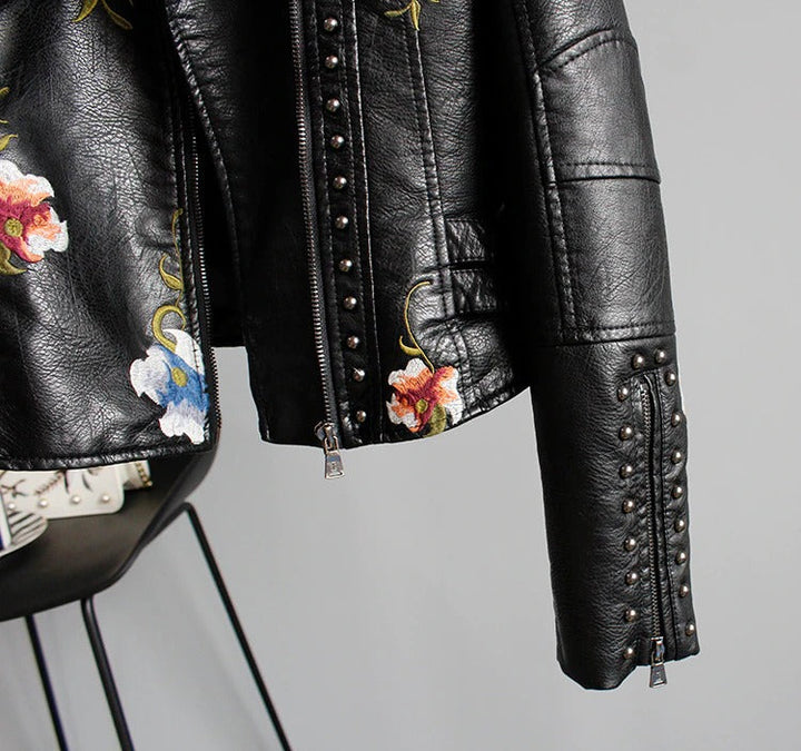 Embroidered women's faux leather biker jacket – Eleonora-Black-S-Nora Luxe