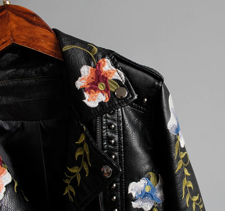 Embroidered women's faux leather biker jacket – Eleonora-Black-S-Nora Luxe