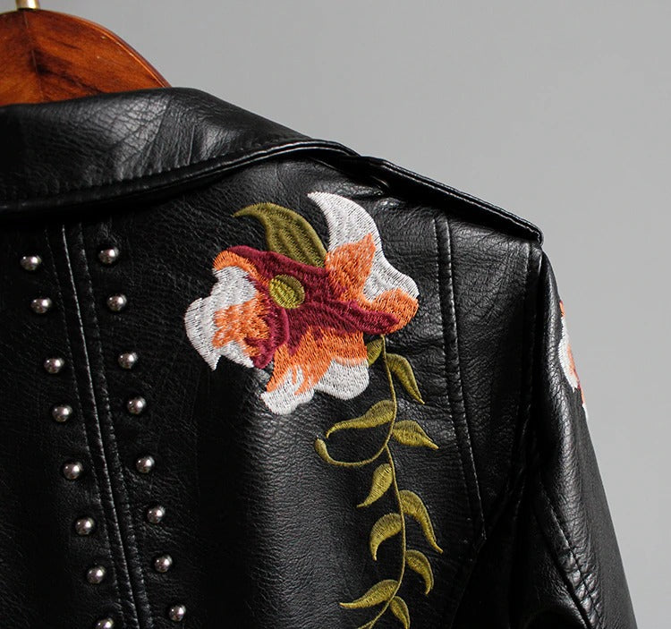 Embroidered women's faux leather biker jacket – Eleonora-Black-S-Nora Luxe