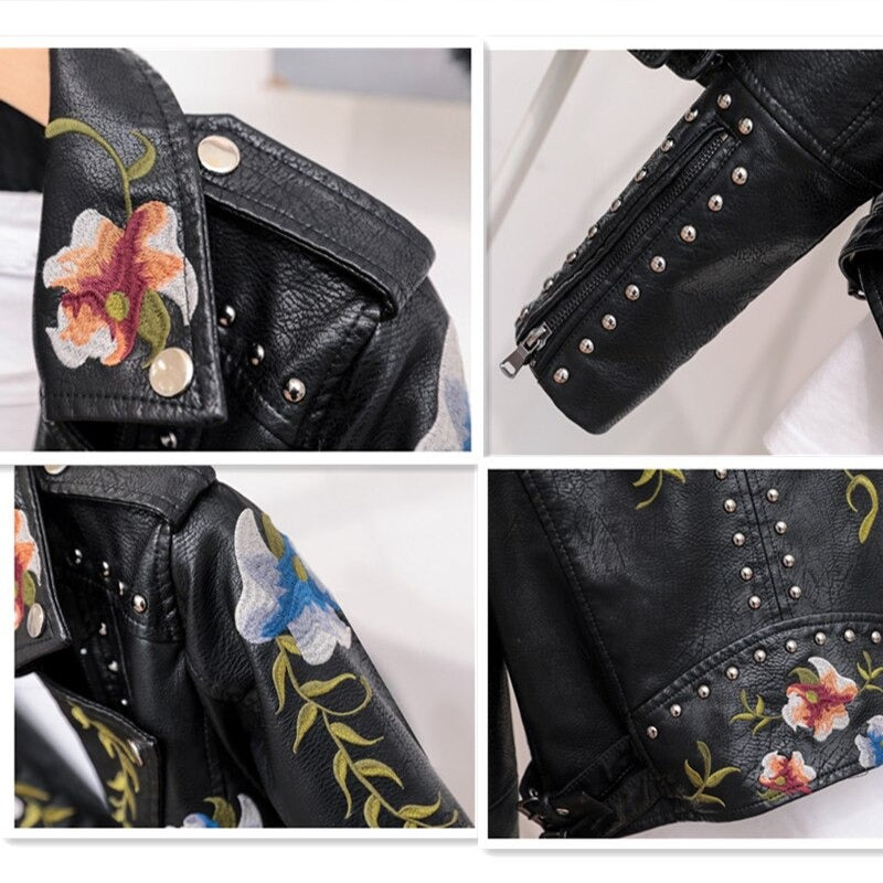 Embroidered women's faux leather biker jacket – Eleonora-Black-S-Nora Luxe