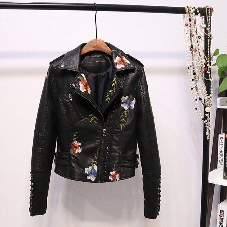 Embroidered women's faux leather biker jacket – Eleonora-Black-S-Nora Luxe