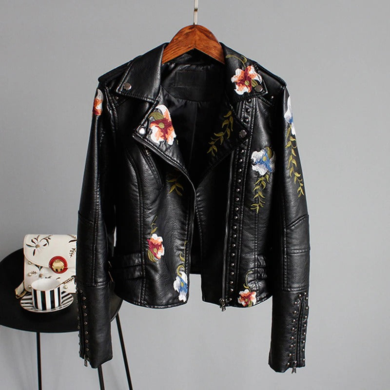 Embroidered women's faux leather biker jacket – Eleonora-Black-S-Nora Luxe