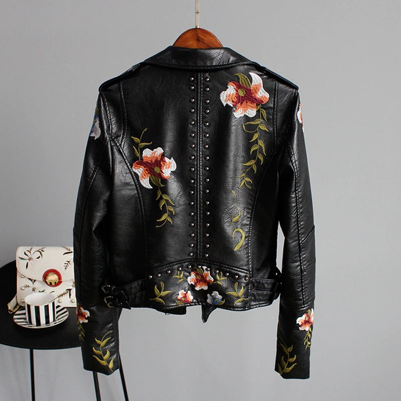 Embroidered women's faux leather biker jacket – Eleonora-Black-S-Nora Luxe