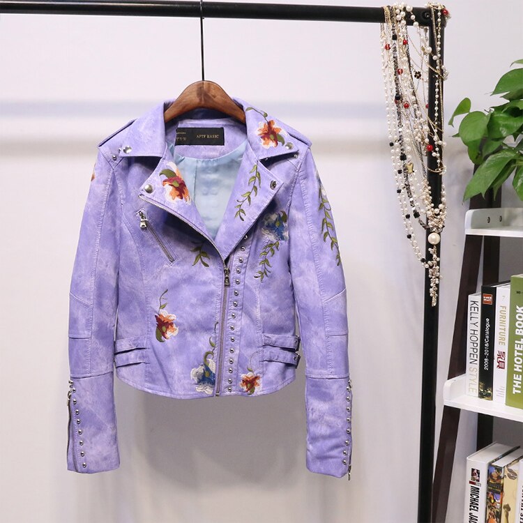 Embroidered women's faux leather biker jacket – Eleonora-Purple-S-Nora Luxe