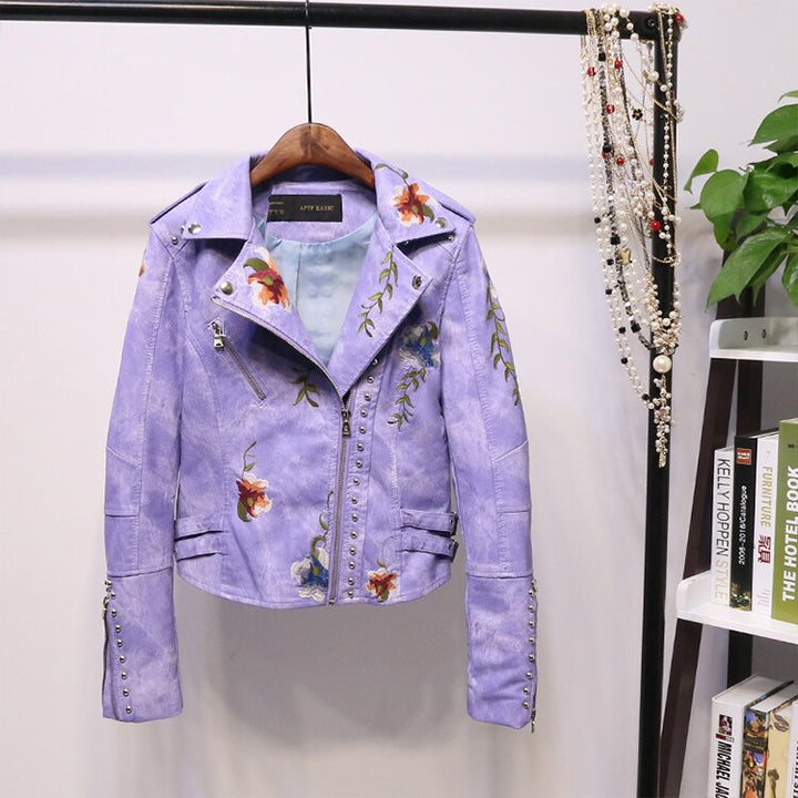 Embroidered women's faux leather biker jacket – Eleonora-Purple-S-Nora Luxe