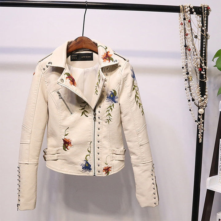 Embroidered women's faux leather biker jacket – Eleonora-White-S-Nora Luxe