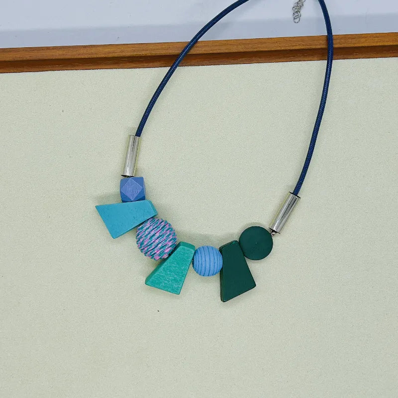 Ethnic Geometric Wooden Bead Necklace-GREEN-Nora Luxe
