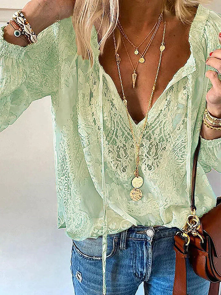 Exclusive Ladies' Blouse with Lace - Elodie-Green-XS-Nora Luxe