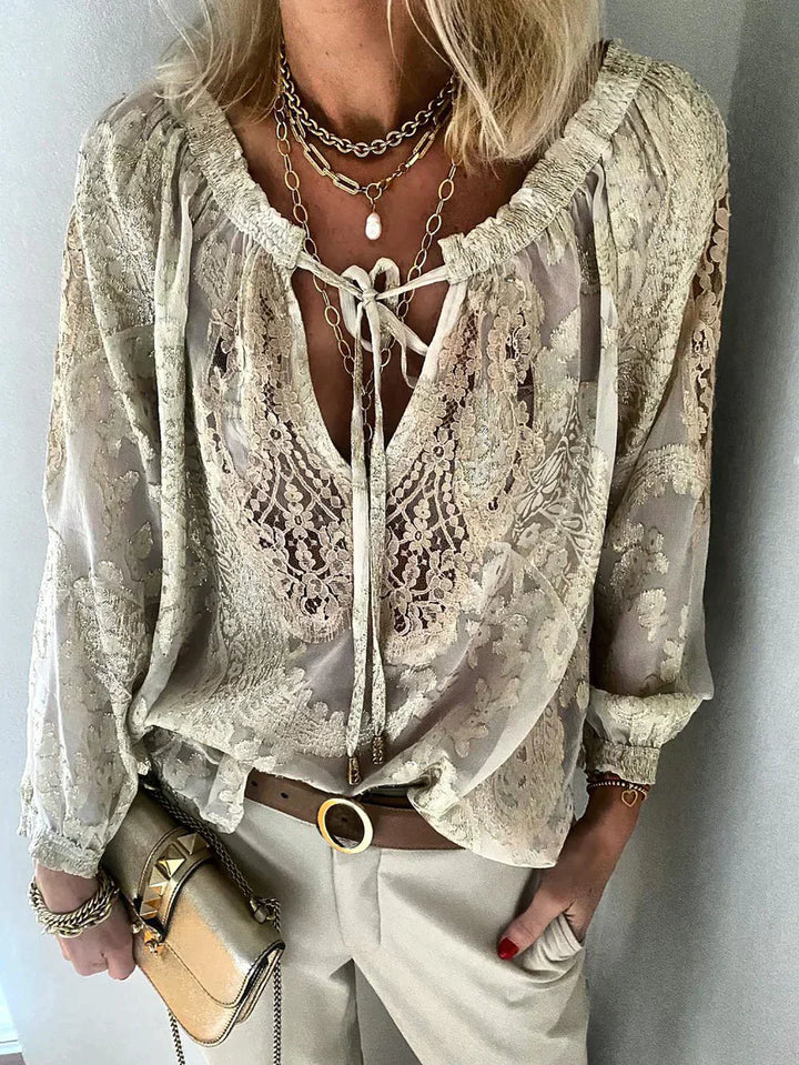 Exclusive Ladies' Blouse with Lace - Elodie-Khaki-XS-Nora Luxe