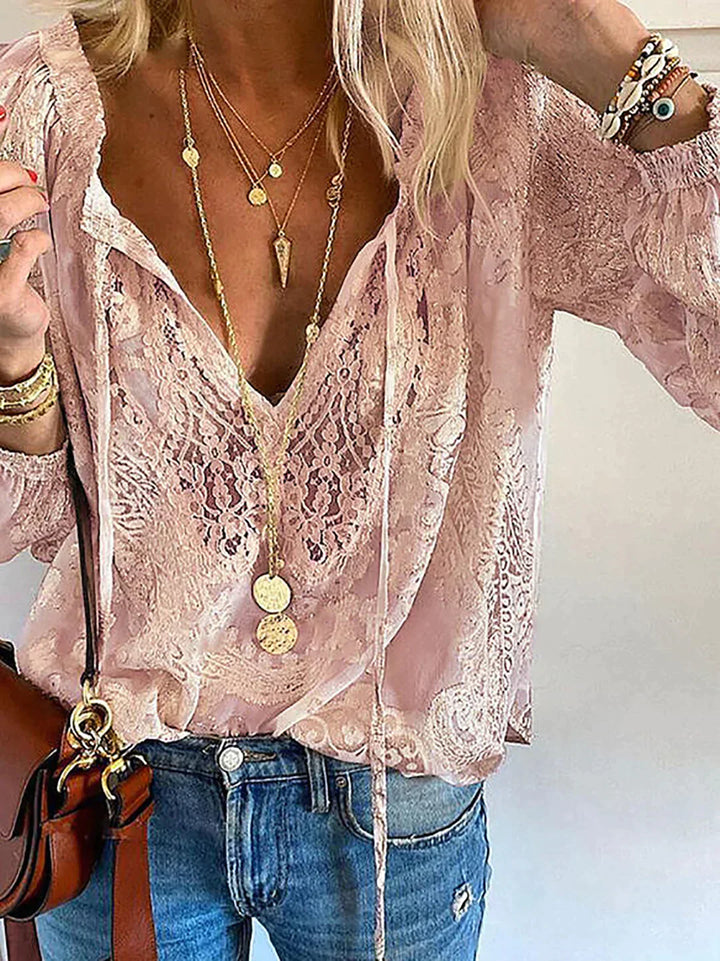 Exclusive Ladies' Blouse with Lace - Elodie-Pink-XS-Nora Luxe