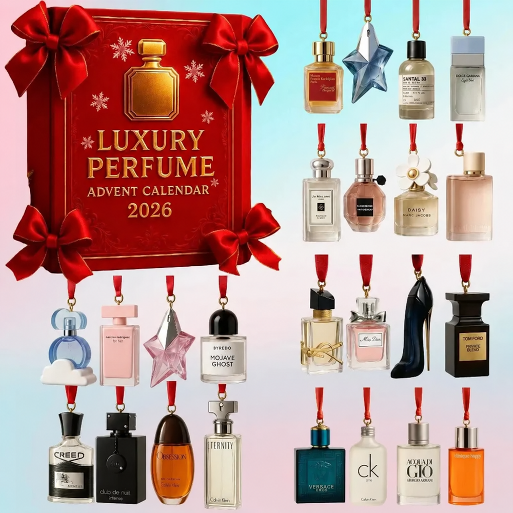 Red bow-trimmed box shown with 24 miniature perfume bottle charms on red ribbons arranged around it in a grid. 2