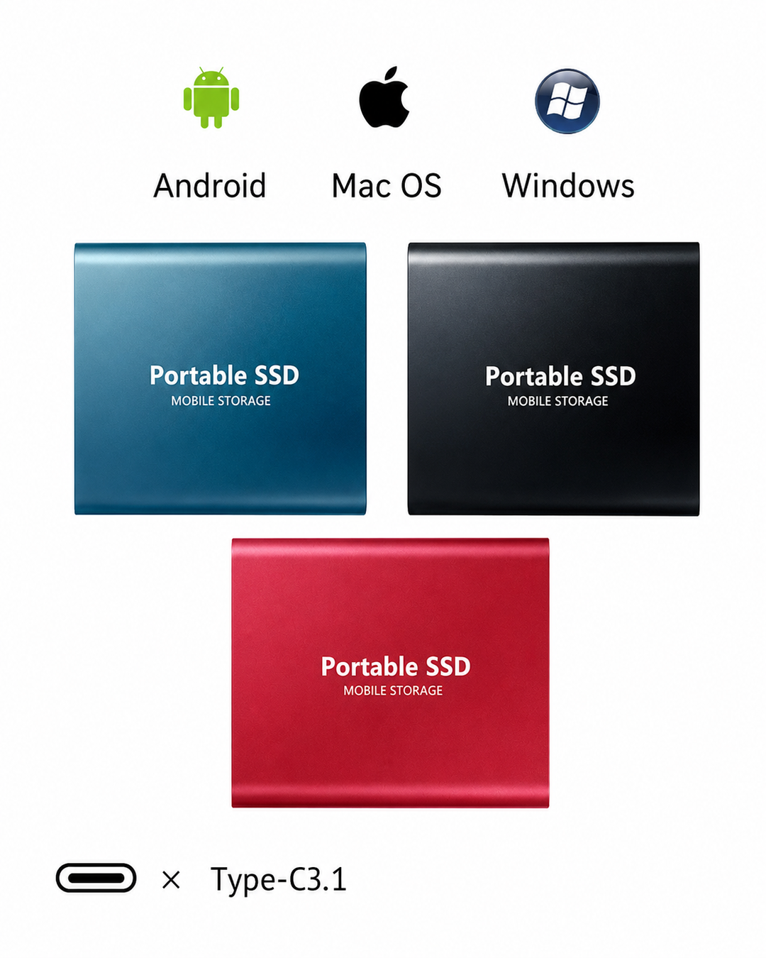 Blue, black and red drives shown face-on in a row, with Android, Mac and Windows operating system icons above and a USB-C symbol below. 5