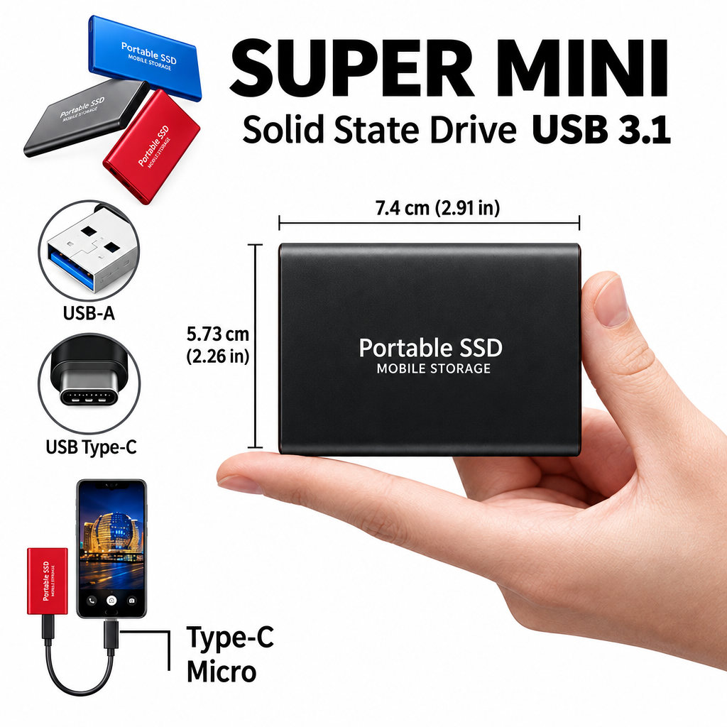 Black pocket-size drive held on an open palm with size dimensions marked, plus USB-A and USB-C connectors and a phone connection. 2