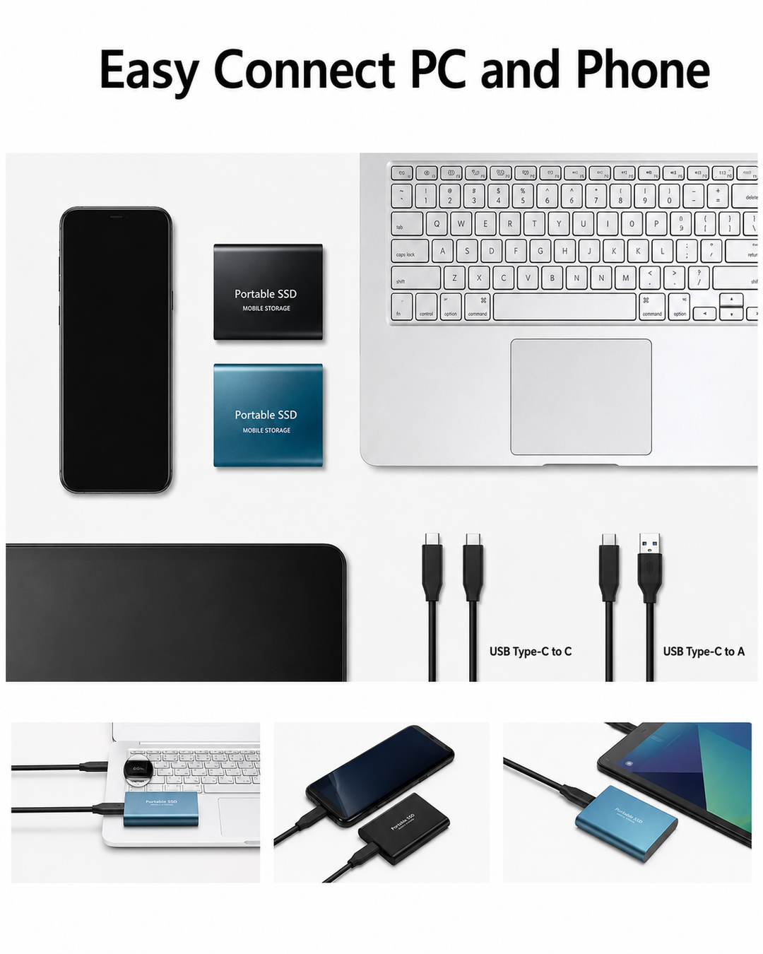 Flat lay of black and blue drives beside a phone, laptop and tablet, with two cable types and three connection examples below. 3