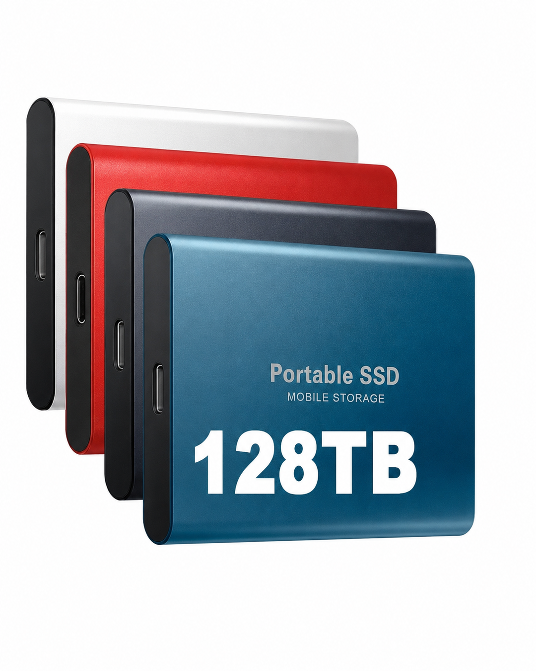 Four slim metal portable drives in white, red, dark gray and blue stacked at an angle, showing the USB-C port on each side. 1