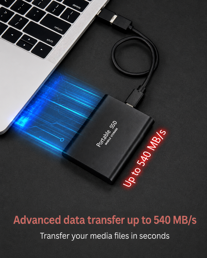 Black drive plugged into a laptop by a short cable on a dark surface, with blue light streaks suggesting fast transfer speed. 4
