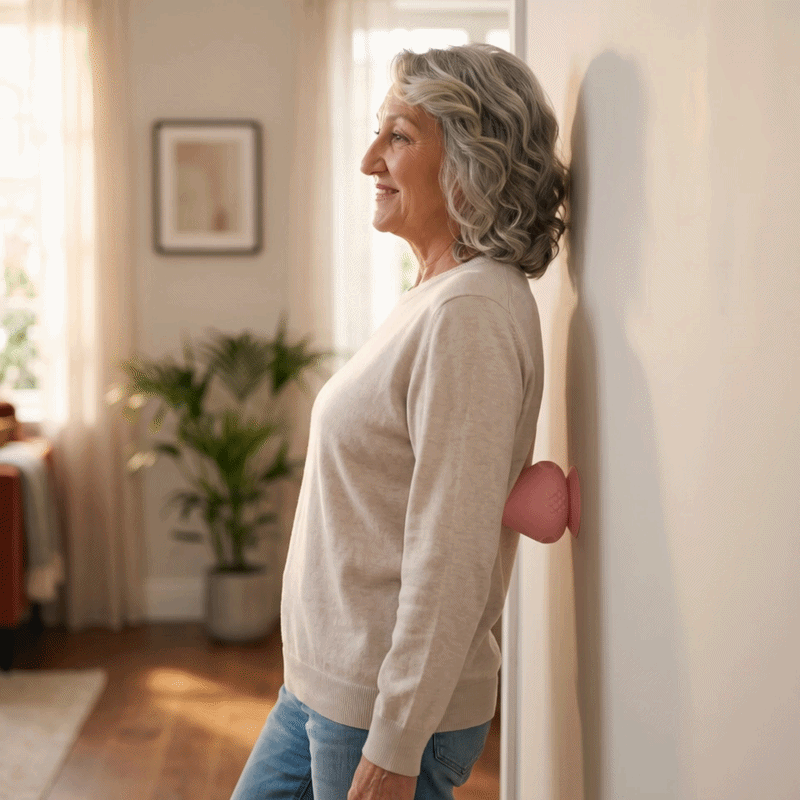 Smiling older woman in a light sweater stands sideways against a living room wall, a pink massager pressed against her lower back. 14