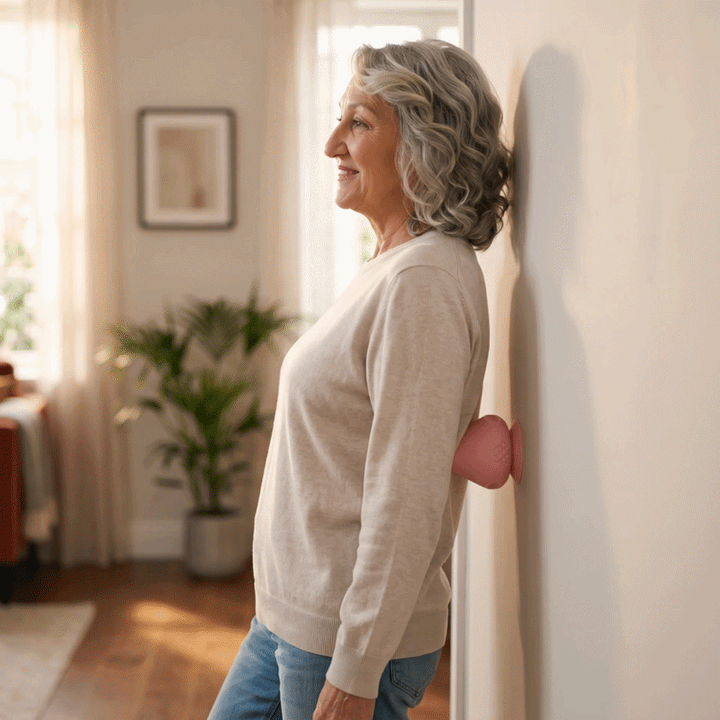 Smiling older woman in a light sweater stands sideways against a living room wall, a pink massager pressed against her lower back. 14