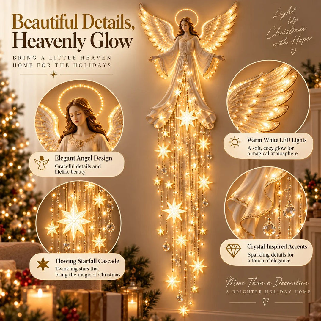 Feature collage of the angel wall light with close-ups of the face, halo and dangling stars