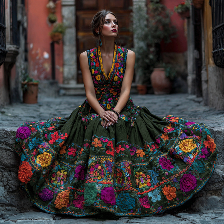 Dark olive green embroidered maxi dress with multicolored flowers along the bodice and flared skirt.