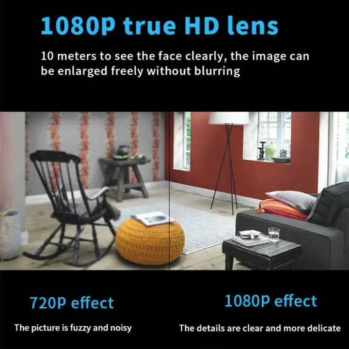 Mini HD Security Camera in black, showing 720p and 1080p living room video comparison