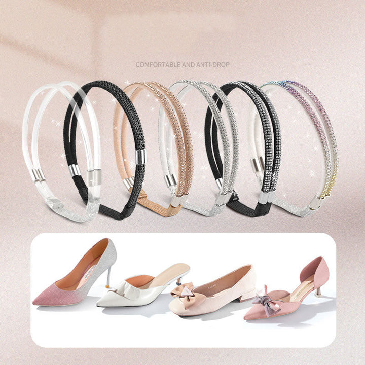 Six strap styles in clear, black, nude, silver, dark crystal and rainbow above four different shoes.