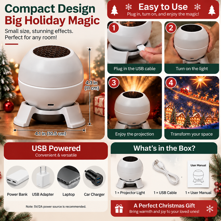 Infographic showing the projector's size, four setup steps, USB power sources and the box contents 7