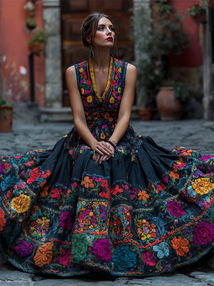Black sleeveless V-neck maxi dress with colorful embroidered flowers and a full gathered skirt.