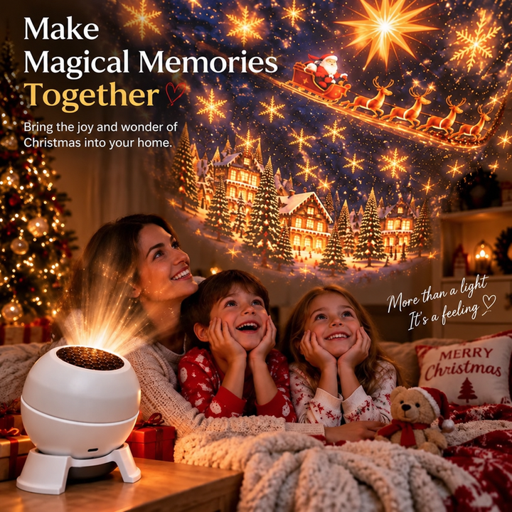 Mother and two smiling children in pajamas gaze up at the projected holiday scene beside the glowing projector 6